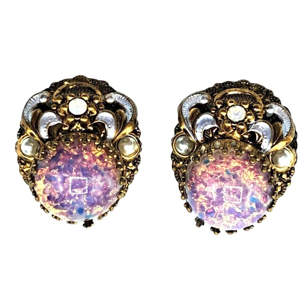 Vintage West Germany Earrings Faux Opal Dragons Breath Enamel Signed Clip On Jew